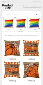 Size chart showing 40cm, 45cm, and 50cm autumn print pillowcase dimensions and filling guide
