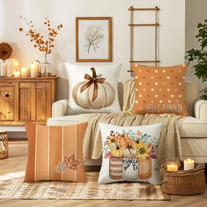 Set of 4 autumn botanical throw pillow covers with pumpkin patterns and hello pumpkin text