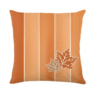 Square autumn pillow cover with orange vertical stripes and maple leaf print for sofa