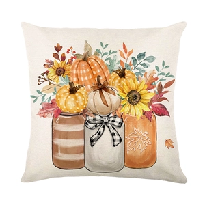 Autumn botanical pillowcase with pumpkins and sunflowers in jars on a white background