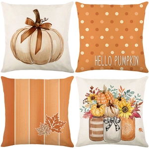 Set of four autumn pumpkin and floral print pillow covers with Hello Pumpkin text