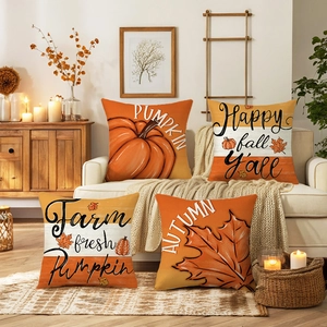 Set of 4 autumn pumpkin and maple leaf decorative throw pillow covers for fall home decor
