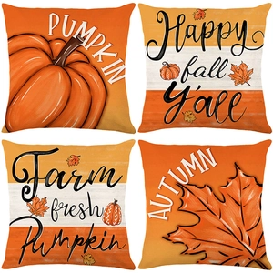 Set of 4 autumn maple leaf and pumpkin decorative pillow covers for fall home decor