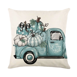 Housse de coussin Automne avec camion bleu vintage et citrouilles sur tissu lin 45x45