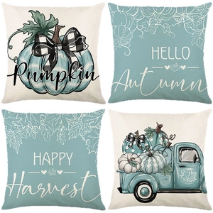 Lot de 4 housses de coussin 45x45cm Harvest Festival avec citrouille verte et camions