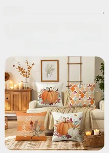 Close-up of four harvest-themed throw pillow covers featuring pumpkins and maple leaves