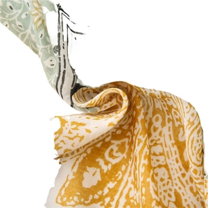 Green and orange paisley cotton linen scarf with frayed edges for sun protection