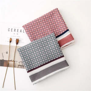 Retro linen-feel scarf with geometric patterns and striped borders for spring and autumn