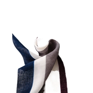 Linen cotton scarf for women with blue and beige stripes in herringbone weave style