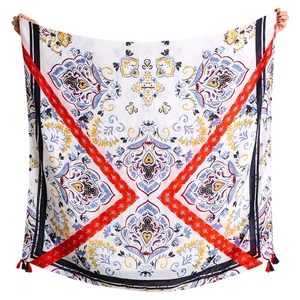 Ethno-Baumwoll-Leinen-Schal mit Mandala-Mustern und dunkelblauen Quasten