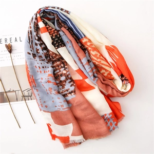 Long cotton linen scarf with abstract geometric patterns and fringe edges on white background
