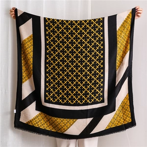 Classic color-block geometric pattern scarf for women with soft frayed edges