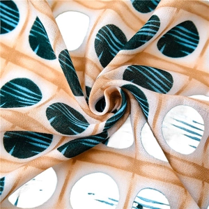 Artistic abstract fabric with navy circle patterns on beige breathable linen blend