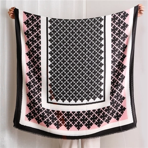Classic geometric poker pattern scarf with pink color blocking and frayed edges for women