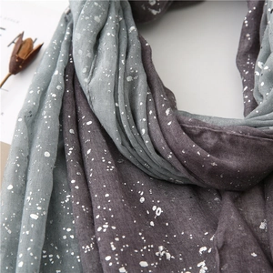 Close-up of grey-blue and purple gradient scarf with silver foil dots and crinkle texture