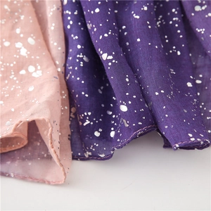 Macro detail of pink and purple linen scarf with silver gradient foil splash pattern