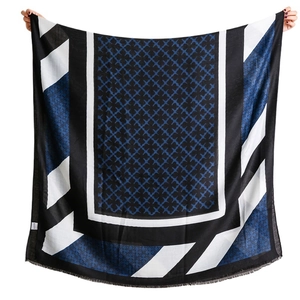 Classic blue and black geometric pattern scarf with fringe, large shawl for women
