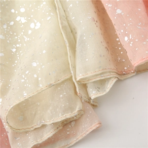 Detail of gradient cotton linen scarf with silver foil stamping and soft metallic texture