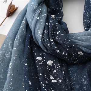 Detailed texture of gradient blue cotton linen scarf with silver foil star pattern
