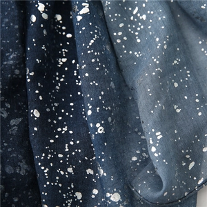 Detail of blue gradient cotton linen scarf with silver foil splatter pattern texture