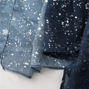 Detail of cotton linen scarf showing gradient blue colors and silver foil starry patterns