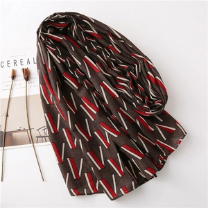 Brown long scarf for women with red geometric V-pattern and lightweight soft fabric