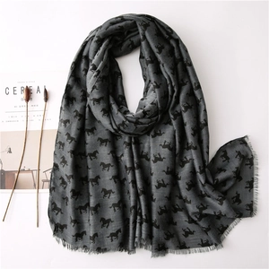 Women Retro Horse Print Scarf Lightweight Large Shawl Cotton Linen Feel Fringed Long Wrap Winter Spring