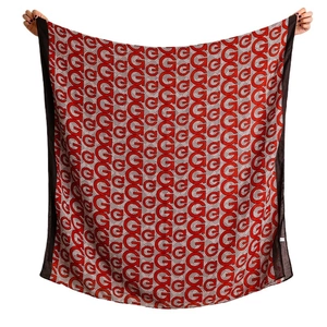 Women's cotton linen scarf with red and grey monogram pattern and black border