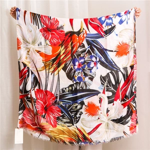 Ethnic style cotton linen scarf featuring colorful floral and parrot bird prints with tassels