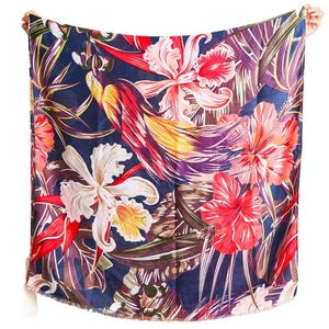 Ethnic cotton linen scarf with colorful tropical floral and parrot prints for women