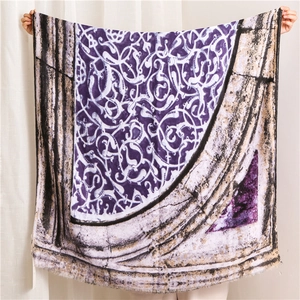 Vintage geometric flame totem cotton linen scarf with purple patterns and fine tassels