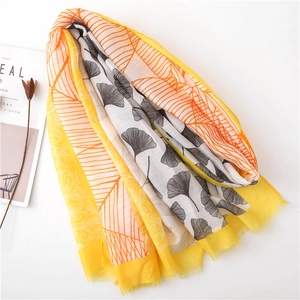 Boho style sun protection ginkgo leaf print scarf with geometric patterns and fringe