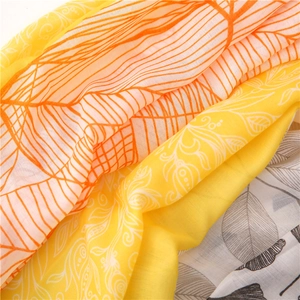 Macro detail of breathable boho print fabric showing leaf and floral pattern textures