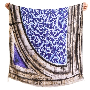Retro geometric flame totem cotton linen scarf with blue scrolling patterns and tassels