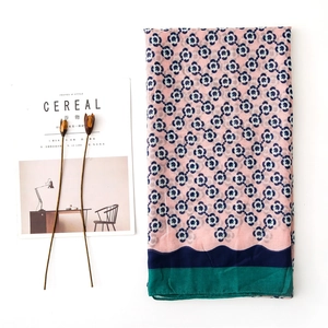 Floral print cotton linen scarf with plum blossoms for summer beach sun protection