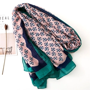 Chic plum print cotton linen shawl scarf for women in pink navy and green contrast