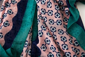 Detail of floral printed cotton linen scarf showing soft texture and wave patterns