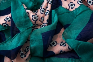 Detailed view of lightweight cotton linen scarf with plum floral print and smooth texture