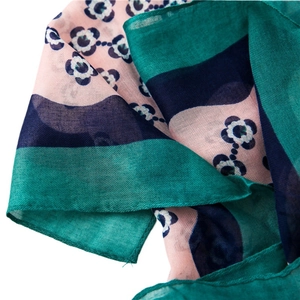 Floral print cotton linen scarf with blue and pink color blocks for summer beach use