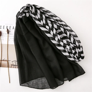 Close-up of lightweight black shawl with chevron stripe borders and soft fabric texture