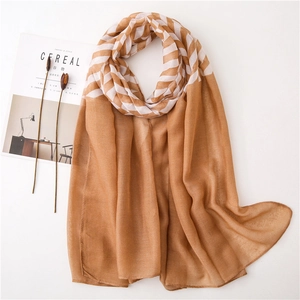 Elegant caramel camel striped scarf made of breathable lightweight fabric for women