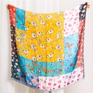Floral Print Scarf Large Lightweight Polyester Voile Shawl With Lace Trim Color Block Sweet Korean Style For Women
