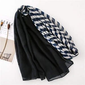 Detail of thin scarf with black and blue geometric patterns for sun protection