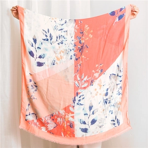 Pastoral Artistic Floral Print Color Block Scarf Women Polyester Cotton Feel Sunscreen Shawl Fringe Wrap For Travel Beach