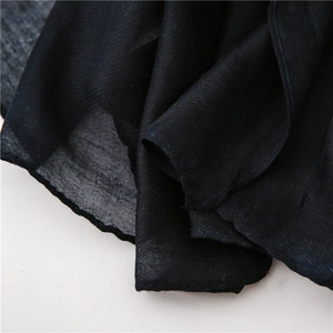 Detail shot of navy fabric showing fine texture and professional stitched edges of the shawl