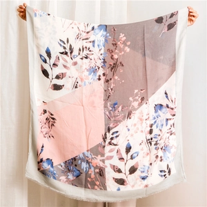 Pastel floral cotton linen scarf with geometric color block and frayed edges shawl