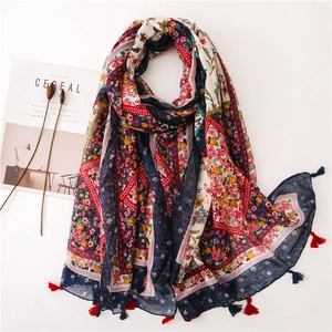 Vintage Paisley Floral Print Scarf Bohemian Cotton Linen Feel Large Shawl Beach Wrap With Tassels For Women