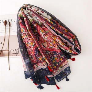 Vintage paisley print cotton linen scarf with tassels for sun protection and beach use