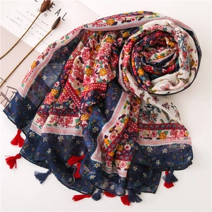 Vintage paisley print cotton linen shawl with colorful tassels for summer beach sun protection
