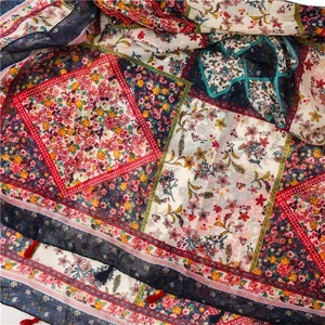 Floral paisley print cotton linen shawl scarf with tassel trim for beach sun protection
